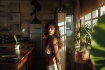 A young woman with curly hair stands in a sunlit kitchen, her confident gaze catching the light, creating a warm, inviting atmosphere.