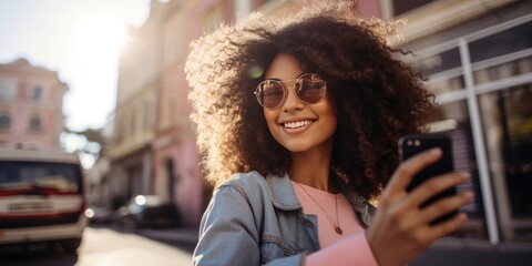 Young trendy beautiful mixed race woman with an afro smiling and posing for a selfie - Powered by Adobe