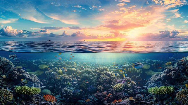 Long banner with underwater world and vivid sunset sky. Transparent deep water of the ocean or sea with rocks, fish and plants. AI Generated.