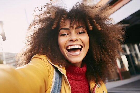 Young trendy beautiful mixed race woman with an afro smiling and posing for a selfie
