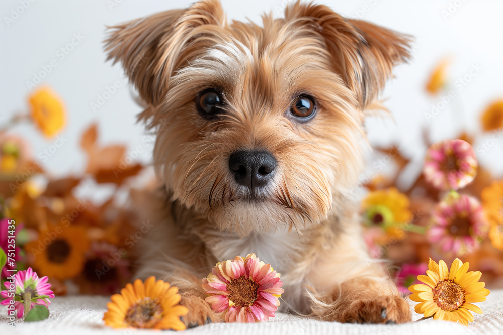 Wall mural a small ginger dog with flowers