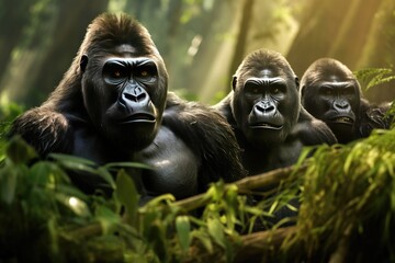 Closeup of a family group of mountain gorillas. A group of gorillas in their natural rainforest habitat, Close up portrait of cute endangered primate generated by AI - obrazy, fototapety, plakaty