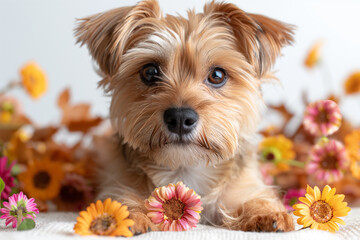 a small ginger dog with flowers