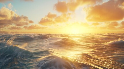 Golden sunlight casting a warm glow over the waves, blending with the deep blue canvas of the expansive sky.