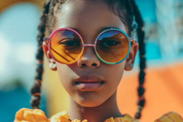 Fototapeta na wymiar Close-up of a young girl with braids, adorned with colorful, studded sunglasses, against a blurred playground backdrop, embodying summer vibes.