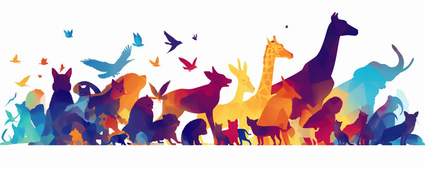 multicolored animals on a white background, banner - obrazy, fototapety, plakaty