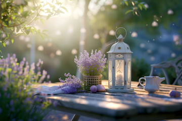 Garden table with decoration elements with lavender flowers and a lamp next to it, with space for...