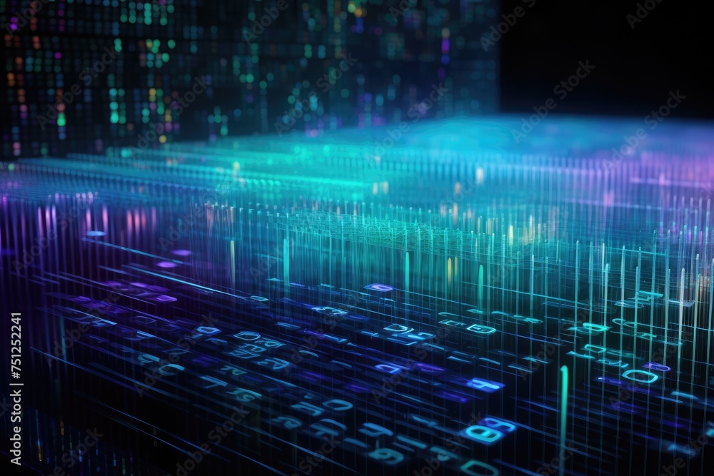 Poster background with holographic floating data and software coding, global business internet network conn