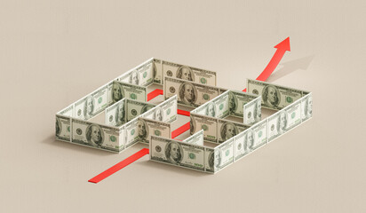 Money maze business challenge labyrinth finance success concept on investment puzzle solution game 3d background wealth financial strategy way goal path dollar currency growth marketing opportunity.