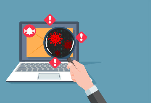 Check and scan virus, and malware from emails. fraud scam and steal private data on devices. vector illustration flat design for cyber security awareness concept.