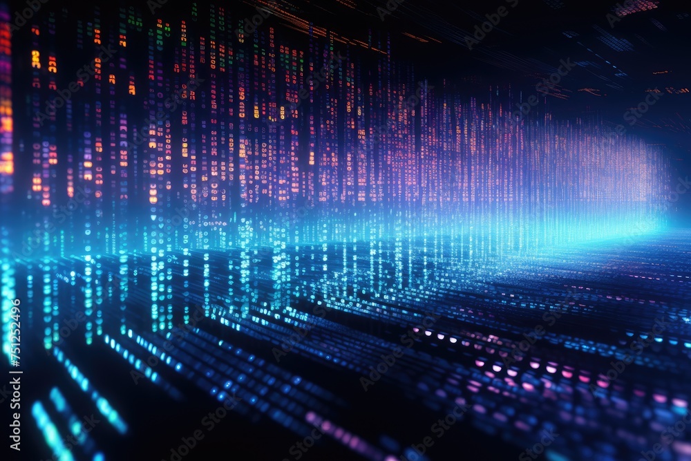 Poster background with holographic floating data and software coding, global business internet network conn