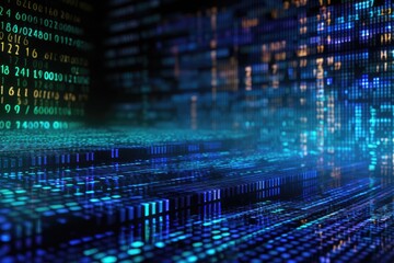 Naklejka premium Background with holographic floating data and software coding, Global business internet network connection internet, Ai generated