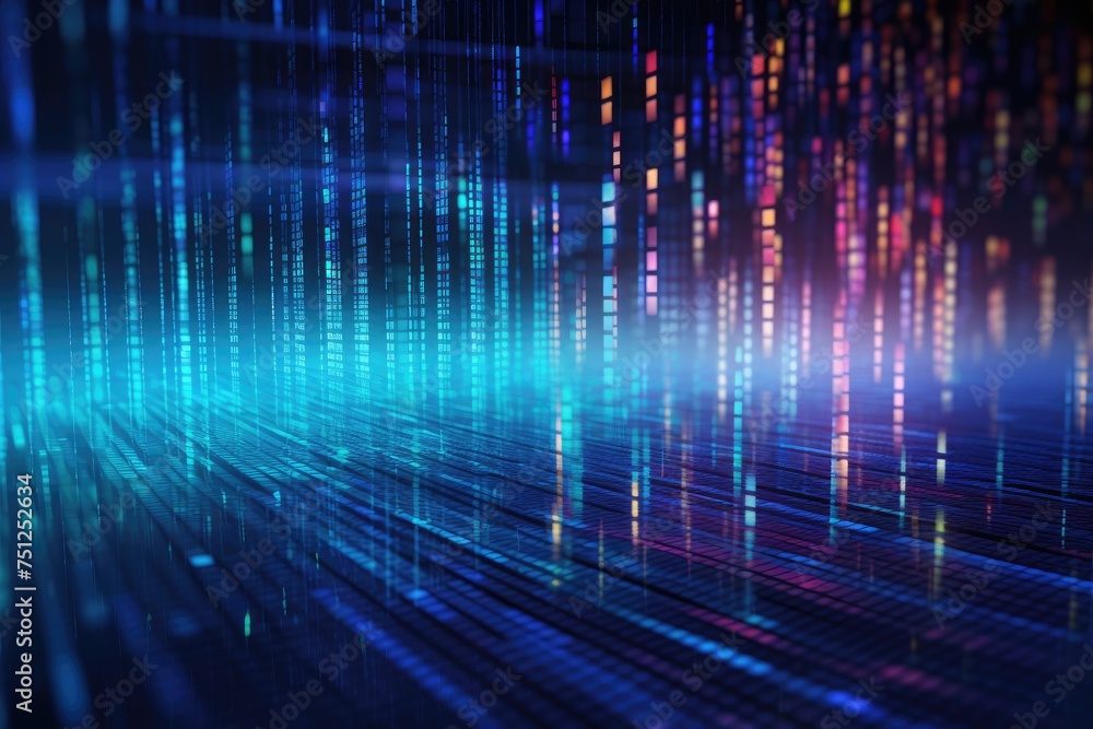 Poster background with holographic floating data and software coding, global business internet network conn