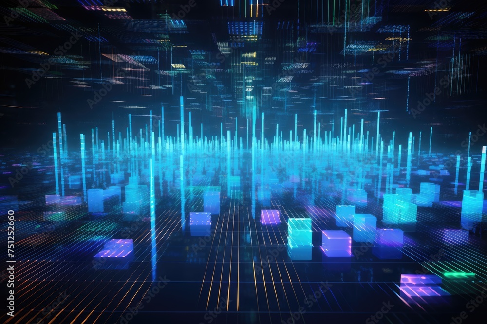 Poster background with holographic floating data and software coding, global business internet network conn