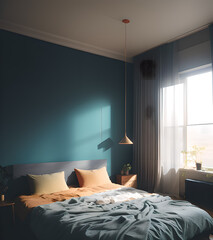 Interior of modern bedroom with blue walls, concrete floor, comfortable bed with orange pillows and large window. 3d rendering