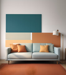 Interior of modern living room with blue sofa, orange cushions and colorful wall. 3d render