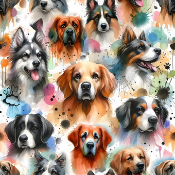 collage of dogs colorful dogs seamless pattern background.
