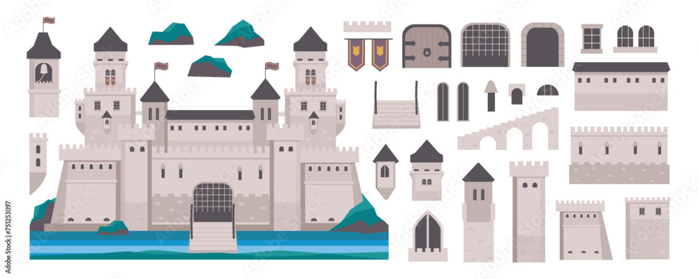 Poster medieval castle elements constructor mega set in flat graphic design. creator kit with ancient kingd