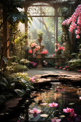 Serene spring morning in a lush conservatory garden with flowers in bloom