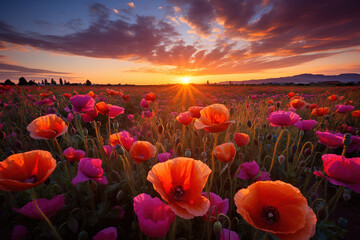 Vibrant spring sunset over a blooming field of pink poppies. 
