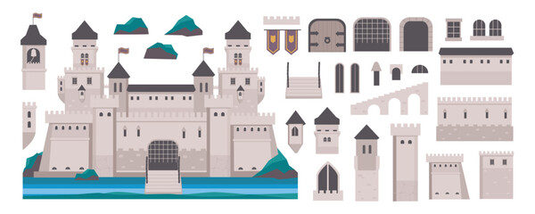Medieval castle elements constructor mega set in flat graphic design. Creator kit with ancient kingdom palace exterior, gates, towers, doors, windows, flags and archways, other. Vector illustration. - obrazy, fototapety, plakaty