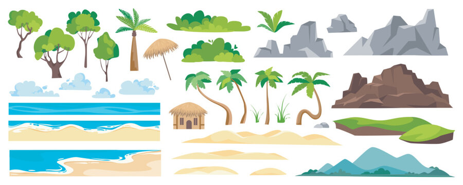 Beach landscape elements constructor mega set in flat graphic design. Creator kit with tropical palm trees, green bushes, ocean sand coasts, clouds, mountains, resort bungalow. Vector illustration.