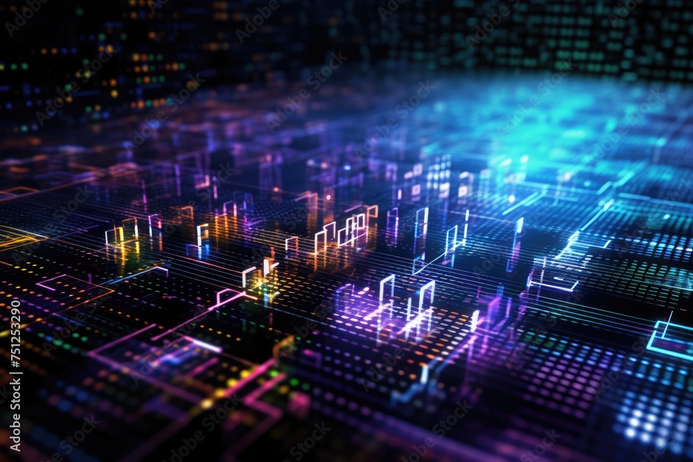 Poster background with holographic floating data and software coding. global business internet network conn
