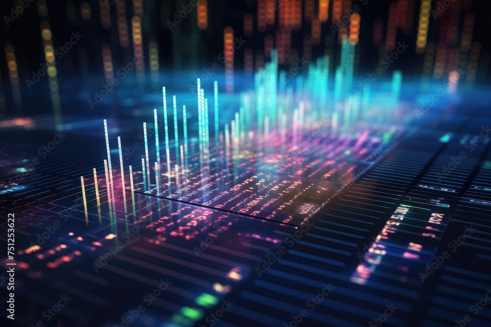 Poster background with holographic floating data and software coding, circuit board with the word data, ai 
