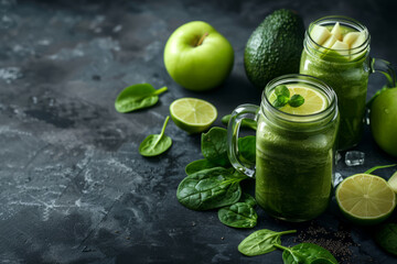 Healthy green smoothie in glass cups with elements of green spinach, lemon and apples on a semi-empty dark background with space for text or inscriptions. The theme of healthy eating detox
 - Powered by Adobe