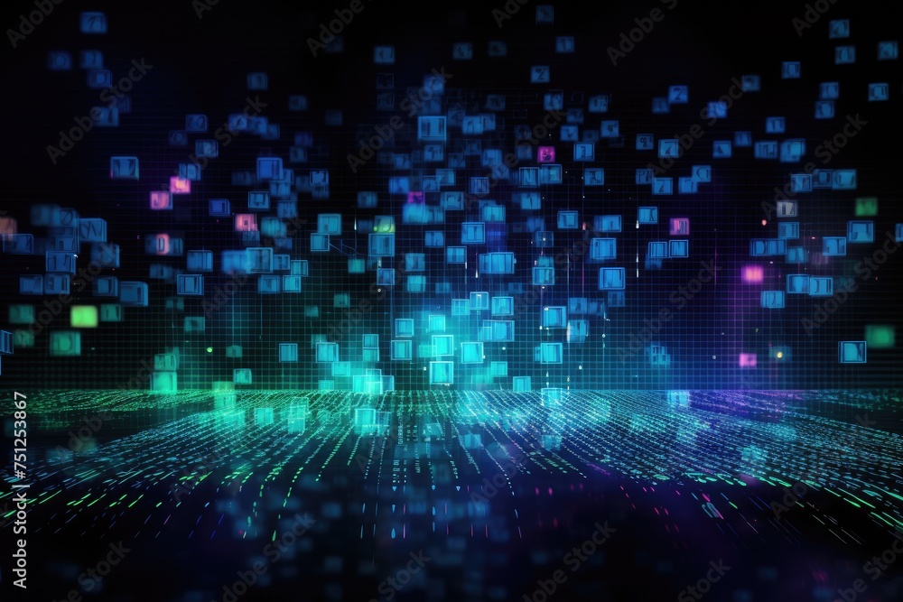 Poster background with holographic floating data and software coding, circuit board with the word data, ai 