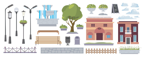 Park equipment elements constructor mega set in flat graphic design. Creator kit with street lanterns, fountain, green trees, benches, fences, buildings, urban infrastructure. Vector illustration. © alexdndz