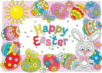 Greeting card and holiday frame border with a happy Easter bunny and colorfully painted gift eggs with spring flowers and merry butterflies fluttering around under a shining Sun, vector cartoon