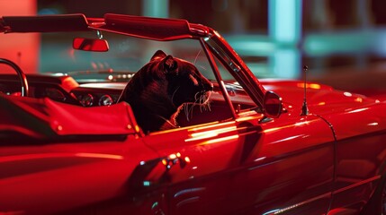 Within a nostalgic 80s ambiance, a vintage convertible car features a black panther driver - obrazy, fototapety, plakaty