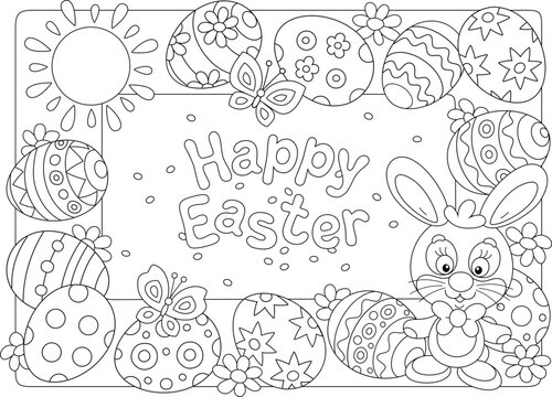 Greeting card and holiday frame border with a happy Easter bunny and colorfully painted gift eggs with spring flowers and merry butterflies fluttering around under a shining Sun, vector cartoon