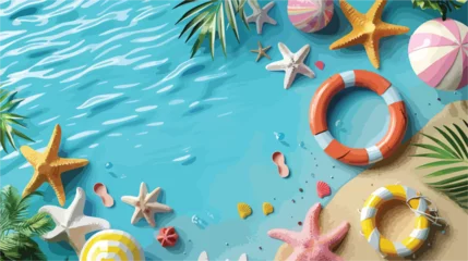 Tuinposter Summer sale banner with 3d beach elements on the blue © Vector