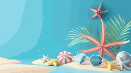 Fotobehang Summer sale banner with 3d beach elements on the blue © Vector