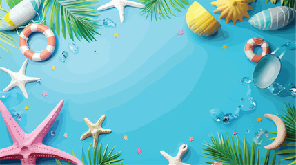 Fototapeta na wymiar Summer sale banner with 3d beach elements on the blue