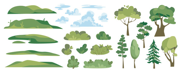 Summer landscape elements constructor mega set in flat graphic design. Creator kit with green hills, fluffy clouds, bushes and different trees, forest plants, woodland ecosystem. Vector illustration.