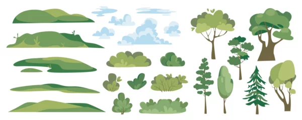 Rolgordijnen Summer landscape elements constructor mega set in flat graphic design. Creator kit with green hills, fluffy clouds, bushes and different trees, forest plants, woodland ecosystem. Vector illustration. © alexdndz