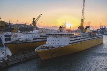 Mega huge modern passenger pax roro ferry cruiseship cruise ship liner in port of Genoa, Italy on...