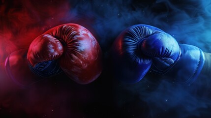 Red and blue boxing gloves on a dark background.