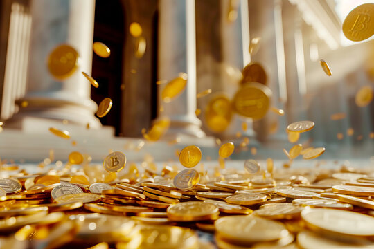 Cryptocurrency or digital currency gold coins falling or scattered chaotically against the background of a bank building with domes. Gold coins on the background of a bank
