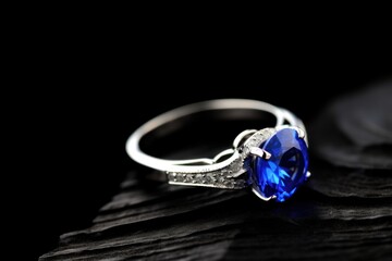 Wedding ring with blue sapphire on black stone background. Jewelry ring with blue sapphire on a black background with Copy Space.