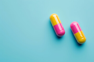 Fototapeta na wymiar Two pink yellow capsules isolated on light blue empty background with space for text or inscriptions 