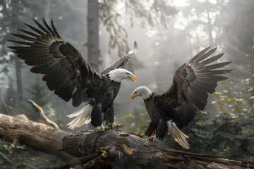 Poster Two eagles with spread wings on a fallen tree in the forest with light fog in the background  © Ivan