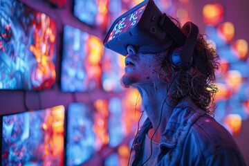 An immersive virtual reality (VR) experience, with a person wearing a headset and interacting with a digital environment