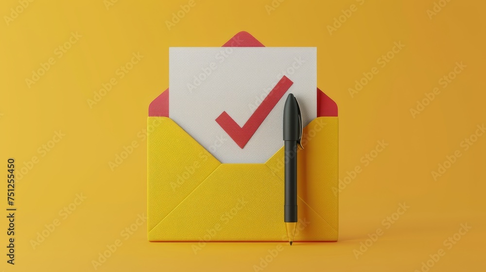 Poster an icon with a check mark in a letter envelope with a pen. approval of a document or email. a realis