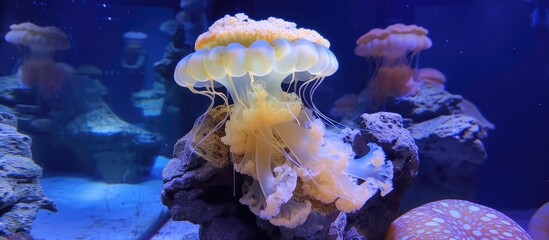 A group of jellyfish, specifically the gorgeous lit Chrysaora Pacifica species, gracefully swim in an aquarium. Their translucent bodies create a mesmerizing display as they move through the water