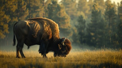 a buffalo eating grass early in the morning photographed from the side