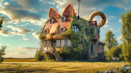 nestled in the heart of the countryside, an enchanting cottage with the whimsical features of a cat invites you into a world where fantasy and comfort blend seamlessly. ai generated - obrazy, fototapety, plakaty